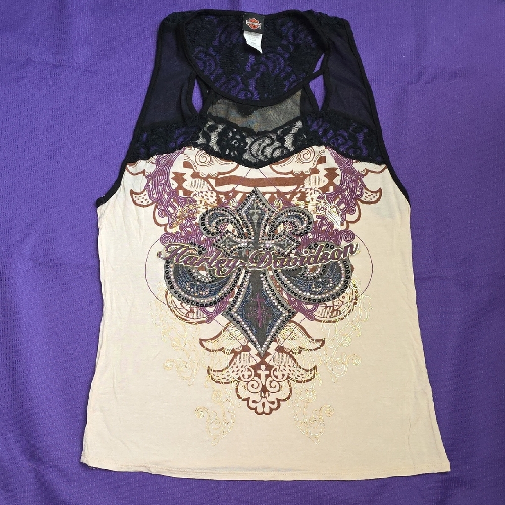 Harley-Davidson Women's Cream and Black Graphic Tank Top